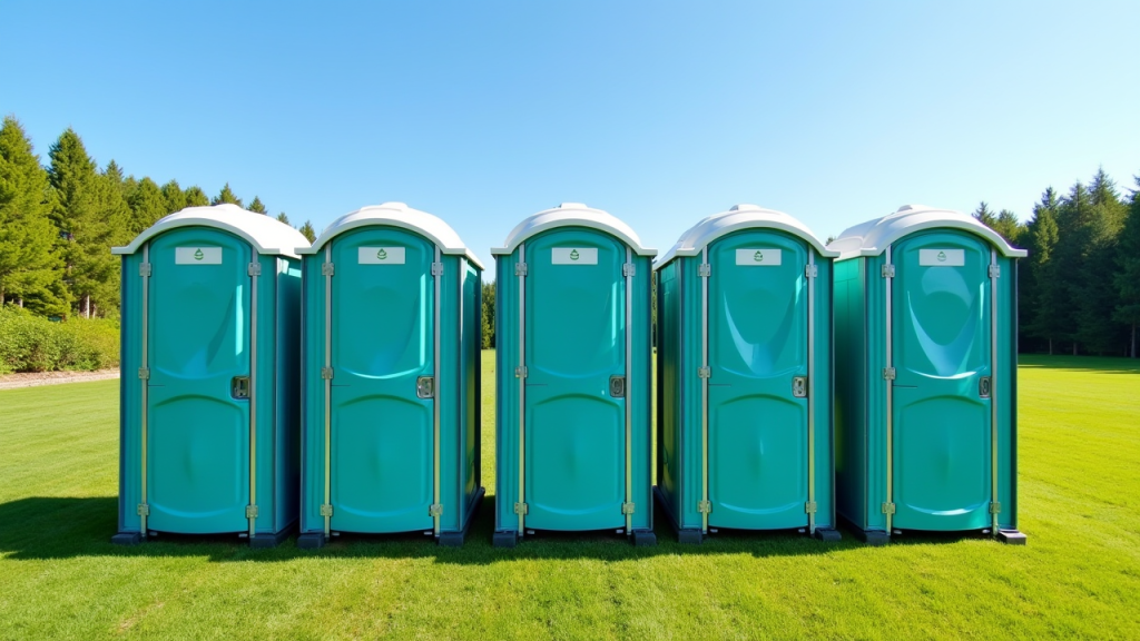 Five turquoise portable toilets lined up on grass in Canada